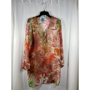 Soaked Women Large Tropical Floral Beaded V-Neck Sheer Tunic Swim Cover-Up Brown